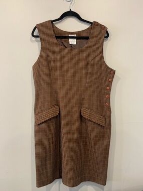 Sleeveless Brown Plaid Shift Dress with Button Side Detail ( as is )